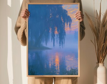 Blue Weeping Willow Wall Art Moody Lake Landscape Poster Sunset Nature Print Impressionist Botanical Art Peaceful Blue Home Decor