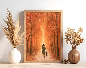 Orange Autumn Forest Art Print Woman with Bicycle Textured Oil Painting Style Gift for her Statement Piece