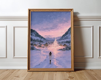 Christmas Village Wall Art Print Snowy Alpine Landscape Poster Woman in Winter Cozy Holiday Decor Romantic Mountain Town Pastel Pink Sky