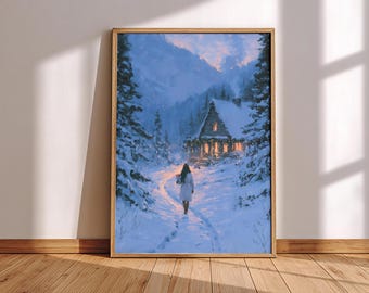 Winter Cabin Wall Art Cozy Christmas Decor Snowy Forest Print Woman Walking in Snow Rustic Cottage Poster Winter Landscape Holiday Art