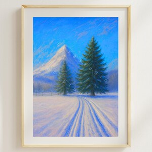 Pastell-Landschaft mit Fichten – Winterberge in sanften Farben | Pastell Style Art |Winterlandschaft | Digital Download Poster | Mountains