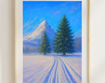 Pastel landscape with fir trees – winter mountains in soft colors | Pastel Style Art | Winter landscape | Digital Download Poster | Mountains