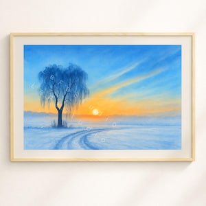 Aquarell Winterlandschaft – Birke im Schnee | Blau Orange | Watercolor Style Winter Print | Snow Birch Painting | Digital Download Poster