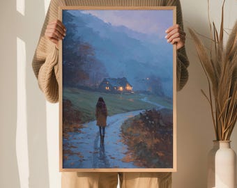 Autumn Landscape Wall Art Woman Walking Poster Moody Cottage Print Fall Countryside Decor Atmospheric Blue Wall Misty Cottagecore Landscape