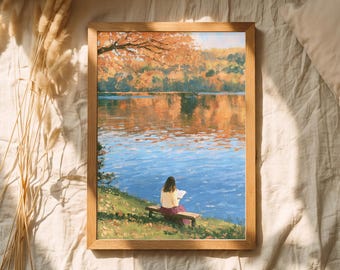 Indian Summer Poster Book Lover Gift Autumn Reading Wall Art Woman by Lake Poster Cozy Fall Decor Impressionist Landscape Rolled Art Print