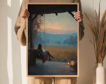 Woman Reading Wall Art Autumn Porch Print Cozy Landscape Poster Book Lover Gift Rustic Fall Decor Moody Reading Art Lantern Evening