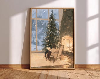 Book Lover Gift Christmas Reading Woman Poster Cozy Fireplace Wall Art Winter Reading Nook Print Literary Gift for Her Christmas Decor