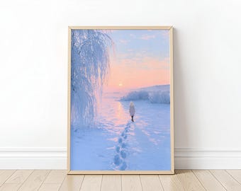 Winter Wonderland Woman in Nature Wall Art Snowy Weeping Willow Winter Landscape Poster Pastel Sky