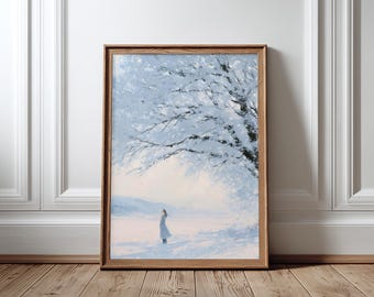 Snowy Winter Landscape Poster Woman Under Snow-Covered Tree Print Winter Wall Art Blue Oil Painting Style Serene Nature