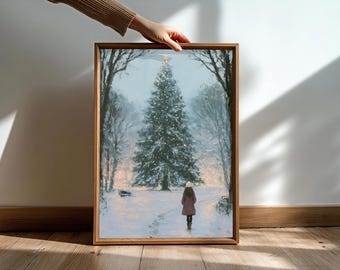 Christmas Tree Wall Art Woman in Snowy Forest Glowing Winter Landscape Poster Cozy Holiday Decor Impressionist Christmas Print
