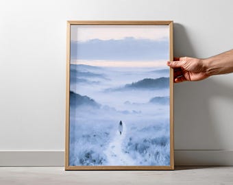 Misty Mountain Wall Art Woman Walking in Snow Poster Blue Winter Landscape Print Peaceful Scandinavian Decor Nature Lover Gift