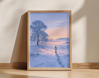 Winter Landscape Wall Art Woman Walking in Snow Poster Frosty Tree Print Winter Sunset Decor Blue Snowy Landscape