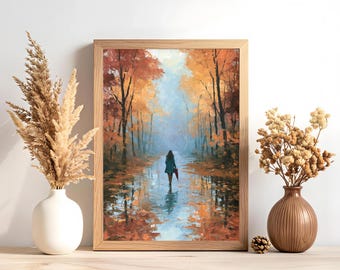 Autumn Forest Wall Art Woman with Umbrella Print Rainy Woodland Poster Moody Fall Decor for Nature Lovers