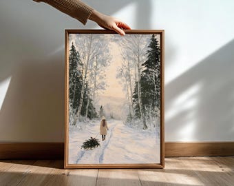 Christmas Tree Farm Wall Art Woman Pulling Christmas Tree Through Snow Winter Forest Poster Cozy Holiday Decor Impressionist Print