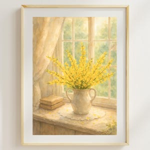 Forsythien Aquarell – Leichte Frühlings Wandkunst am Fenster, Cottagecore Blumen Printable