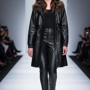 Women’s Black  Leather Hooded - Mid Length Leather Trench Coat -