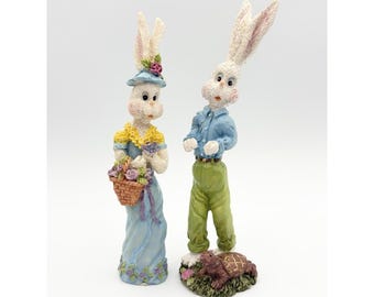Vintage Easter Bunny Figurine Pair Resin Spring Rabbit Basket Turtle Set HB6037