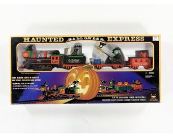 Vintage 1995 New Bright Haunted Halloween Express Train Set Lights Motion Works