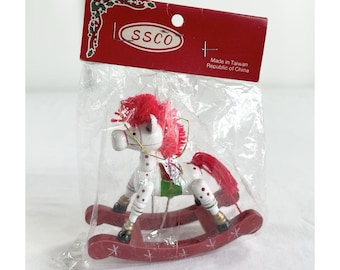 New Vintage 1980's SSCO Wood Rocking Horse Christmas Tree Ornament White & Red