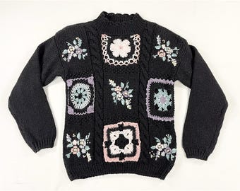 Vtg Maggie Lawrence Sport Floral Granny Square Sweater Womens Small Cottagecore