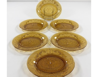 Set of 6 Tiara Indiana Glass Amber Sandwich Daisy Oval Snack Plates Vintage 70s