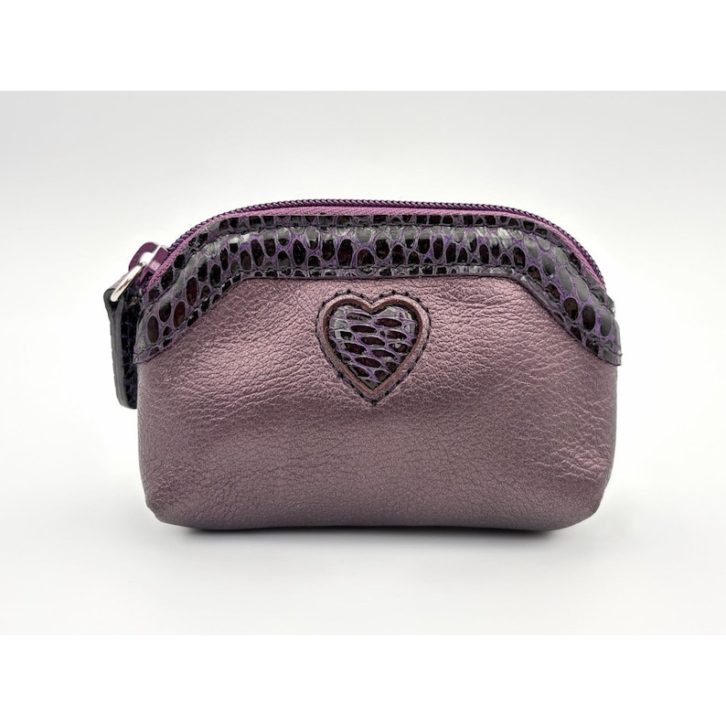 Vintage Brighton Metallic Purple Leather Pouch Wallet Snake Trim Heart Purse image 1