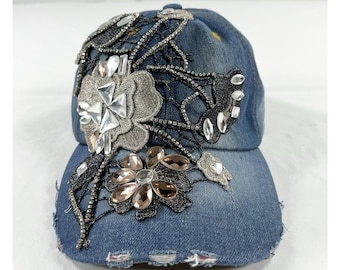 Vintage Y2K Bejeweled Denim Hat Bling Rhinestone Flower Distressed Jean Cap OSFM