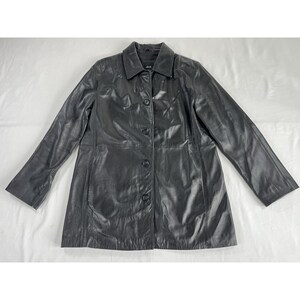 Vintage JLC New York Black Leather Jacket Womens L Mid Length Button Coat Y2K