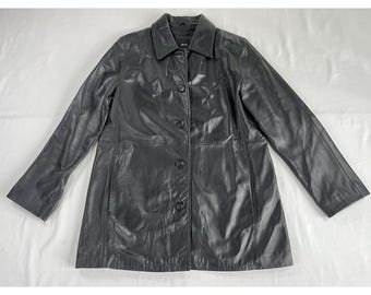 Vintage JLC New York Black Leather Button Up Jacket Mid Length Coat Womens L Y2K