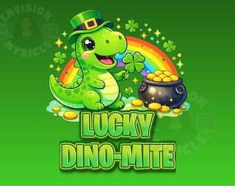 Lucky Dino-Mite St. Patrick’s Day Shirt | Cute Dinosaur St Patrick's Shirt | Kids Shirt | Shamrock Rainbow Dinosaur Tee | Stickers | Cups
