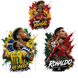 以下が含まれることがあります： 鮮やかなペイントスプラッシュの背景を持つ3人のサッカー選手の肖像画。 ネイマールは黄色のジャージ、ラミネ・ヤマルは赤いジャージ、クリスティアーノ・ロナウドは赤いジャージ。 各画像には、選手の名前と背番号が含まれています。