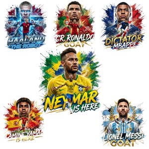 Peut inclure: Une collection de six illustrations numériques représentant les footballeurs Erling Haaland, Cristiano Ronaldo, Kylian Mbappé, Neymar, Lamine Yamal et Lionel Messi. Chaque joueur est illustré avec son drapeau national, des poses d'action et du texte.