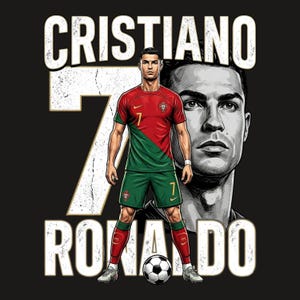 May include: A graphic illustration of Cristiano Ronaldo wearing a red and green Portugal soccer jersey with the number 7, standing in front of a large number 7 and a portrait of himself, with the text CRISTIANO RONALDO in white on a black background.