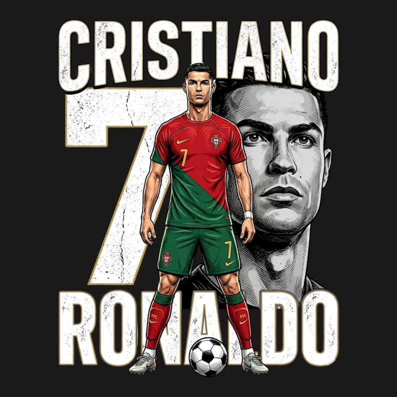 May include: A graphic illustration of Cristiano Ronaldo wearing a red and green Portugal soccer jersey with the number 7, standing in front of a large number 7 and a portrait of himself, with the text CRISTIANO RONALDO in white on a black background.