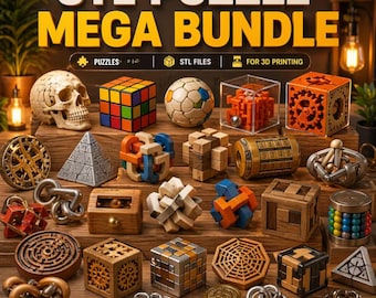 Puede incluir: Una colección de varios rompecabezas 3D, incluyendo un cubo de Rubik, una calavera y rompecabezas de madera. La imagen presenta el texto "STL PUZZLE MEGA BUNDLE" y las frases "BRAIN TEASERS", "FUN & CHALLENGING" y "PRINT. SOLVE. ENJOY."