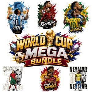 May include: A digital graphic collection featuring soccer players Messi, Ronaldo, Neymar, and Lamine Yamal with paint splatter effects, soccer balls, and the gold World Cup trophy. The central text reads World Cup Mega Bundle in bold lettering.