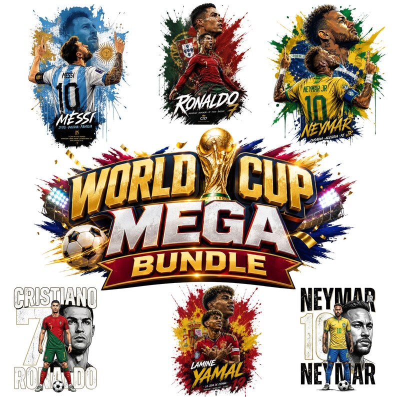 May include: A digital graphic collection featuring soccer players Messi, Ronaldo, Neymar, and Lamine Yamal with paint splatter effects, soccer balls, and the gold World Cup trophy. The central text reads World Cup Mega Bundle in bold lettering.