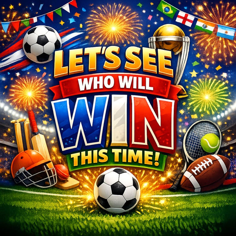 May include: A vibrant graphic with the text "LET'S SEE WHO WILL WIN THIS TIME!" features a soccer ball, football, tennis ball, cricket gear, and a trophy. Fireworks burst in the background, with flags of various nations.