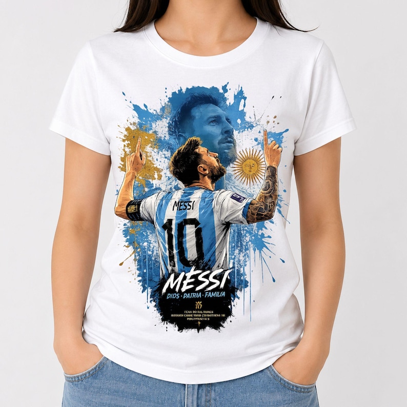 May include: A white t-shirt featuring a graphic print of Lionel Messi. The design includes a back view of the player in a blue and white striped jersey with the number 10, a portrait, a sun emblem, blue paint splatters, and the text MESSI DIOS PATRIA FAMILIA.