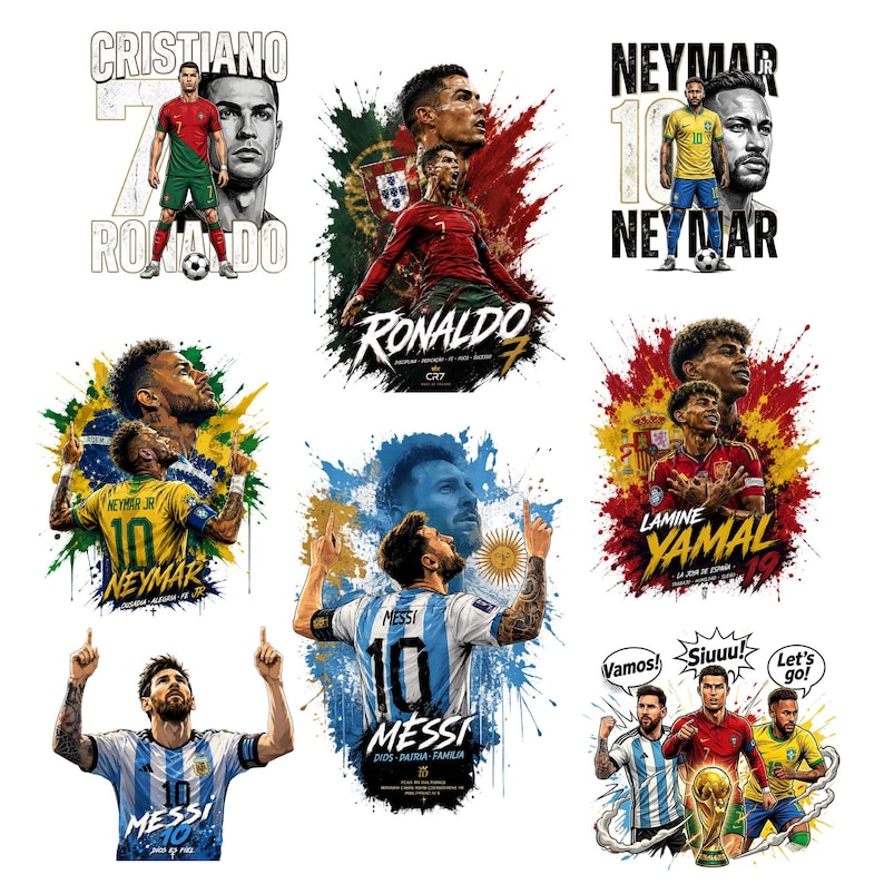 May include: A collection of digital illustrations featuring soccer players Cristiano Ronaldo, Neymar Jr, Lamine Yamal, and Lionel Messi. The designs incorporate team colors, player names, jersey numbers, and dynamic paint splatter effects with text.
