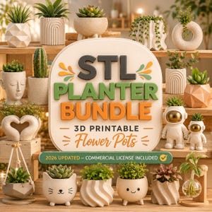 May include: An assortment of 3D-printed flower pots in various designs, such as geometric, face-shaped, and astronaut figures, displayed on wooden shelves. The image includes the text "STL PLANTER BUNDLE - 3D PRINTABLE Flower Pots". The pots are filled with succulents and small plants.