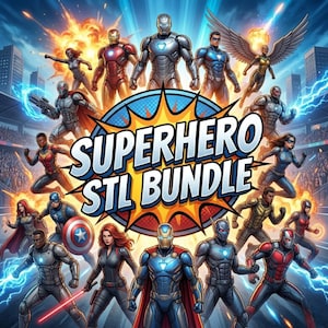 Puede incluir: Ilustración digital de un paquete de superhéroes con varios personajes en poses de acción. La imagen incluye el texto "SUPERHERO STL BUNDLE" en una fuente audaz y estilizada, sobre un fondo de paisajes urbanos y efectos de energía dinámicos.