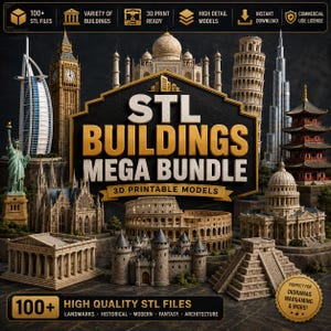 Puede incluir: Un anuncio de un mega paquete de edificios STL. La imagen presenta varios modelos 3D de famosos monumentos y edificios, como el Taj Mahal, el Big Ben y la Torre de Pisa. El texto dice "100+ archivos STL" y "Modelos imprimibles en 3D".