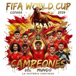 May include: A graphic illustration featuring the text FIFA WORLD CUP ESPAÑA 2026, CAMPEONES DEL MUNDO, and LA HISTORIA CONTINUA. A bull stands above a group of soccer players in red jerseys holding a gold trophy against a Spanish flag background.