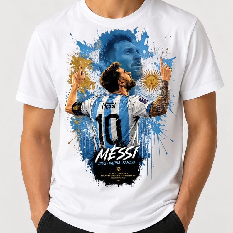 May include: White t-shirt featuring a graphic of a soccer player in a blue and white jersey with the number 10. The design includes the player's name, "MESSI," and a portrait, set against a blue and gold background.
