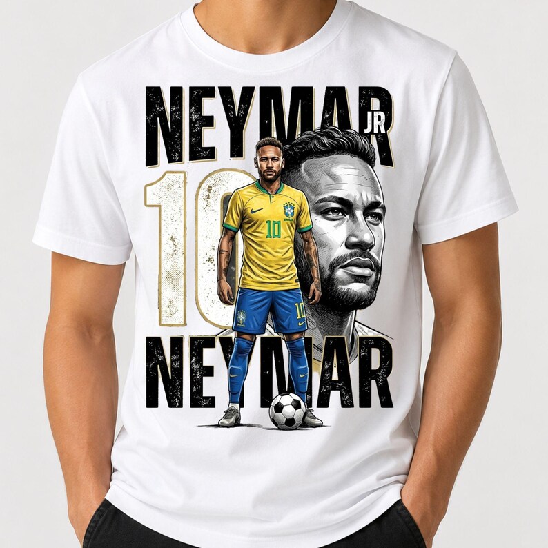 May include: A white t-shirt featuring a graphic print of Neymar Jr. in a yellow and blue soccer uniform, a large number 10, and a portrait of the athlete. The text NEYMAR JR is printed in bold black letters above and below the central figure.