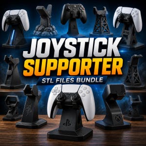 Può includere: Una collezione di supporti per joystick neri con vari design, che tengono in mano controller di gioco bianchi e neri. L'immagine presenta il testo "JOYSTICK SUPPORTER STL FILES BUNDLE". I supporti hanno loghi PlayStation e Xbox.