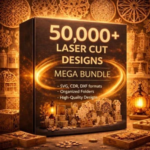 Puede incluir: Una caja de producto marrón oscuro con el texto dorado "50,000+ LASER CUT DESIGNS MEGA BUNDLE". La caja presenta un diseño de remolino dorado y enumera los formatos SVG, CDR y DXF, carpetas organizadas y diseños de alta calidad. La imagen también muestra diseños de madera cortados con láser.