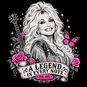 Può includere: Un'illustrazione grafica in bianco e nero di una donna con capelli voluminosi, che indossa un top con frange, accanto a una chitarra acustica e una farfalla rosa brillante. Rose rosa e uno stendardo con il testo A LEGEND IN EVERY NOTE 1946-2026.
