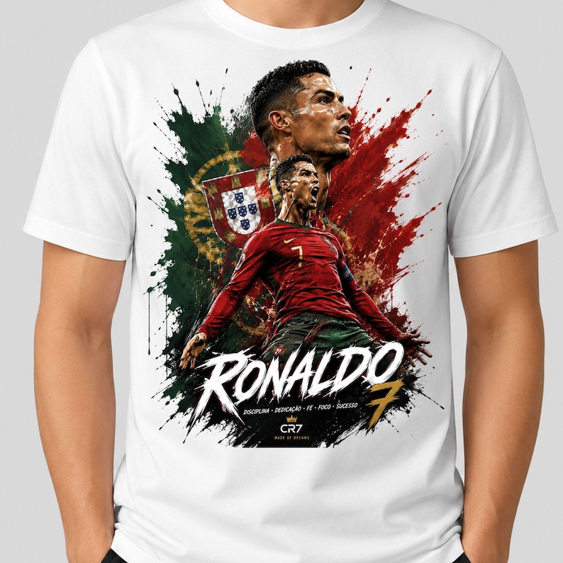 May include: A white t-shirt featuring a graphic print of Cristiano Ronaldo in a red and green soccer uniform. The design includes the Portuguese flag, a large portrait, the text RONALDO 7, and the words DISCIPLINA DEDICA&Ccedil;&Atilde;O F&Eacute; FOCO SUCESSO.